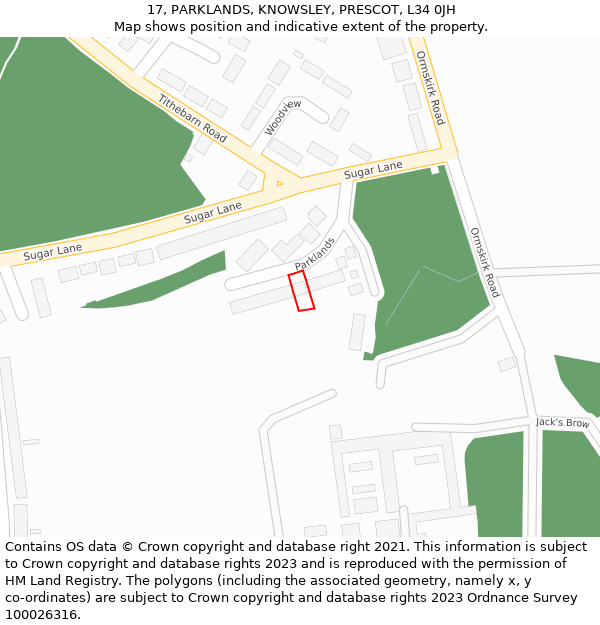 17, PARKLANDS, KNOWSLEY, PRESCOT, L34 0JH: Location map and indicative extent of plot