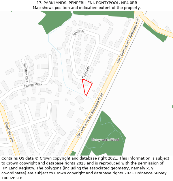 17, PARKLANDS, PENPERLLENI, PONTYPOOL, NP4 0BB: Location map and indicative extent of plot