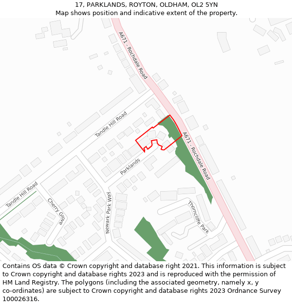 17, PARKLANDS, ROYTON, OLDHAM, OL2 5YN: Location map and indicative extent of plot