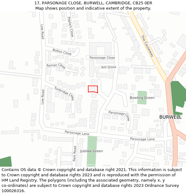 17, PARSONAGE CLOSE, BURWELL, CAMBRIDGE, CB25 0ER: Location map and indicative extent of plot