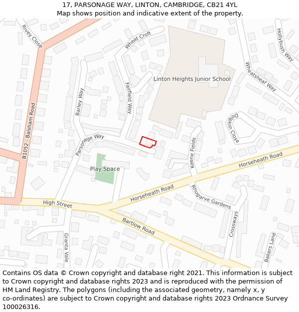 17, PARSONAGE WAY, LINTON, CAMBRIDGE, CB21 4YL: Location map and indicative extent of plot