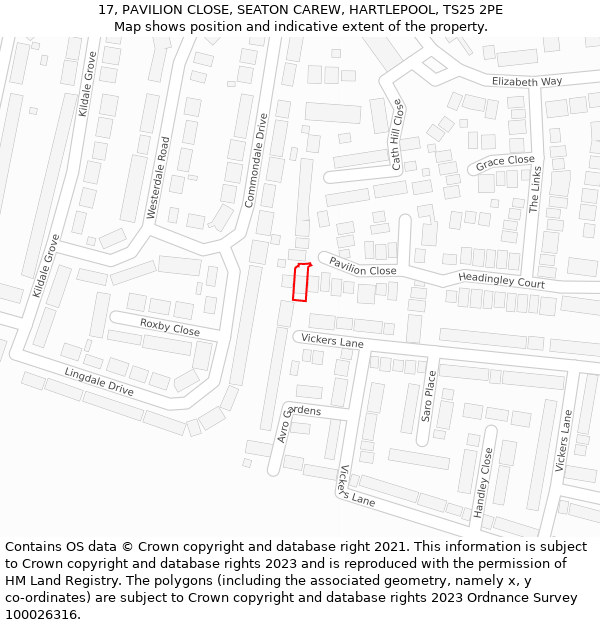 17, PAVILION CLOSE, SEATON CAREW, HARTLEPOOL, TS25 2PE: Location map and indicative extent of plot