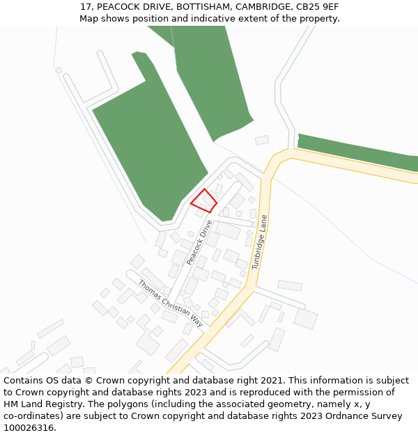 17, PEACOCK DRIVE, BOTTISHAM, CAMBRIDGE, CB25 9EF: Location map and indicative extent of plot