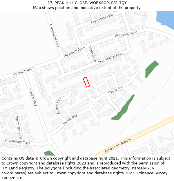 17, PEAK HILL CLOSE, WORKSOP, S81 7QY: Location map and indicative extent of plot