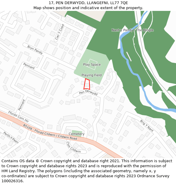 17, PEN DERWYDD, LLANGEFNI, LL77 7QE: Location map and indicative extent of plot