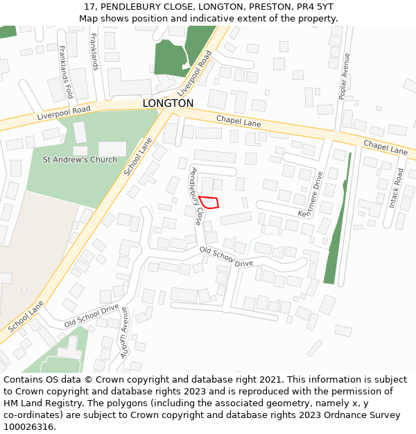 17, PENDLEBURY CLOSE, LONGTON, PRESTON, PR4 5YT: Location map and indicative extent of plot