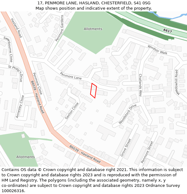 17, PENMORE LANE, HASLAND, CHESTERFIELD, S41 0SG: Location map and indicative extent of plot