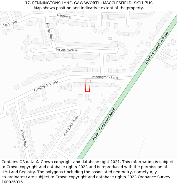 17, PENNINGTONS LANE, GAWSWORTH, MACCLESFIELD, SK11 7US: Location map and indicative extent of plot