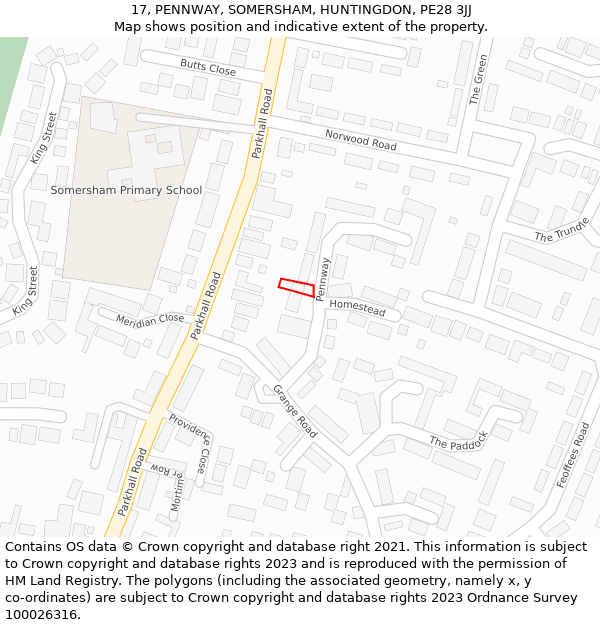17, PENNWAY, SOMERSHAM, HUNTINGDON, PE28 3JJ: Location map and indicative extent of plot