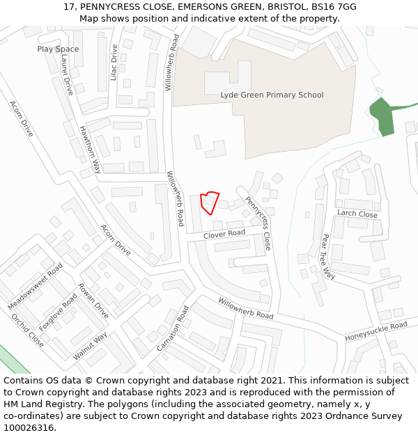 17, PENNYCRESS CLOSE, EMERSONS GREEN, BRISTOL, BS16 7GG: Location map and indicative extent of plot