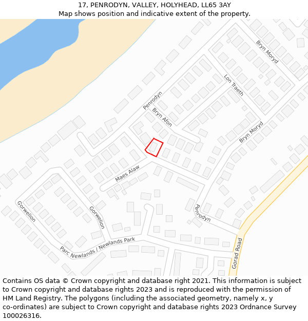 17, PENRODYN, VALLEY, HOLYHEAD, LL65 3AY: Location map and indicative extent of plot