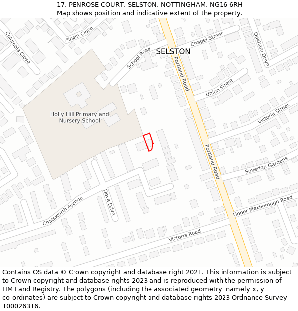 17, PENROSE COURT, SELSTON, NOTTINGHAM, NG16 6RH: Location map and indicative extent of plot