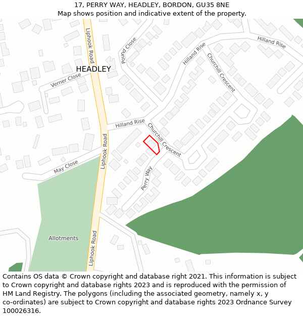 17, PERRY WAY, HEADLEY, BORDON, GU35 8NE: Location map and indicative extent of plot