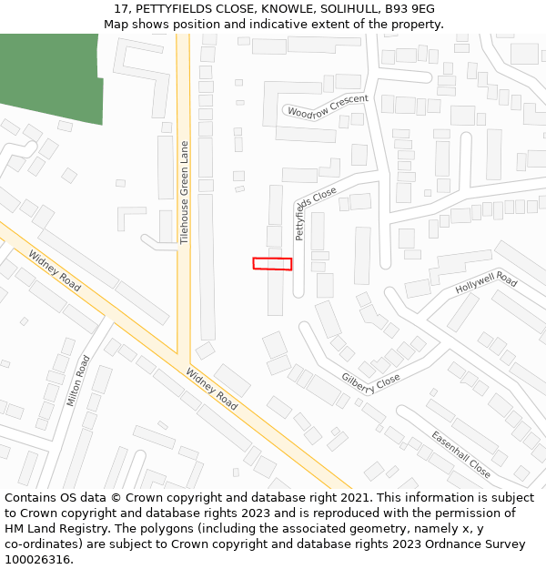 17, PETTYFIELDS CLOSE, KNOWLE, SOLIHULL, B93 9EG: Location map and indicative extent of plot