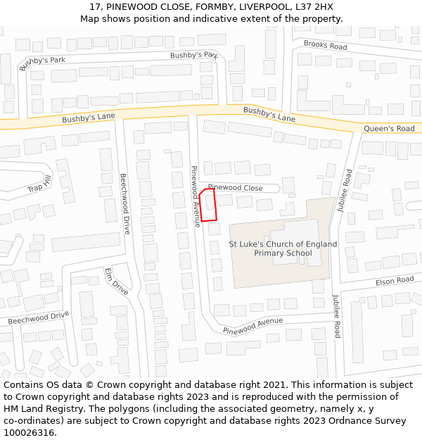 17, PINEWOOD CLOSE, FORMBY, LIVERPOOL, L37 2HX: Location map and indicative extent of plot