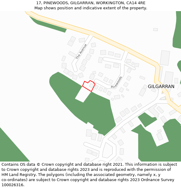 17, PINEWOODS, GILGARRAN, WORKINGTON, CA14 4RE: Location map and indicative extent of plot