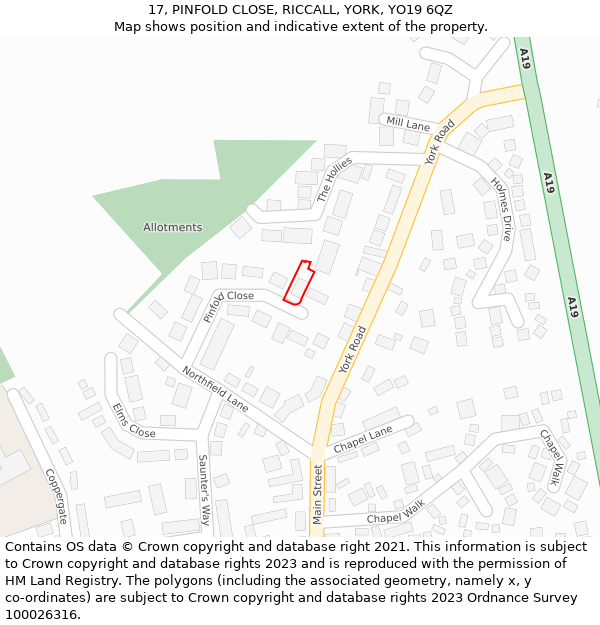 17, PINFOLD CLOSE, RICCALL, YORK, YO19 6QZ: Location map and indicative extent of plot