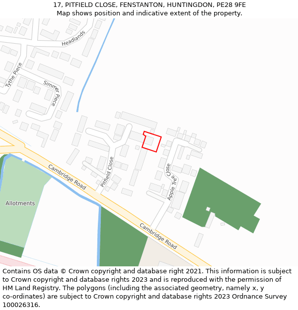 17, PITFIELD CLOSE, FENSTANTON, HUNTINGDON, PE28 9FE: Location map and indicative extent of plot