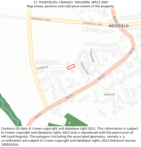 17, PIXIEFIELDS, CRADLEY, MALVERN, WR13 5ND: Location map and indicative extent of plot