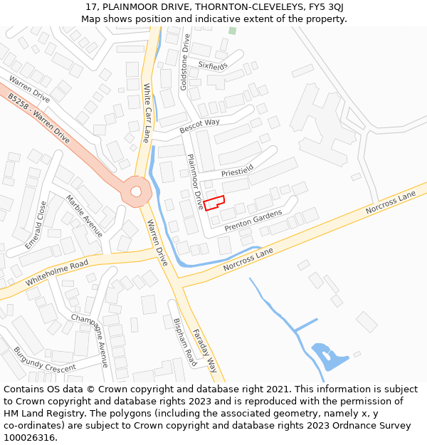 17, PLAINMOOR DRIVE, THORNTON-CLEVELEYS, FY5 3QJ: Location map and indicative extent of plot