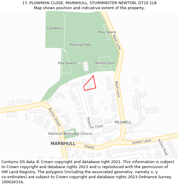 17, PLOWMAN CLOSE, MARNHULL, STURMINSTER NEWTON, DT10 1LB: Location map and indicative extent of plot