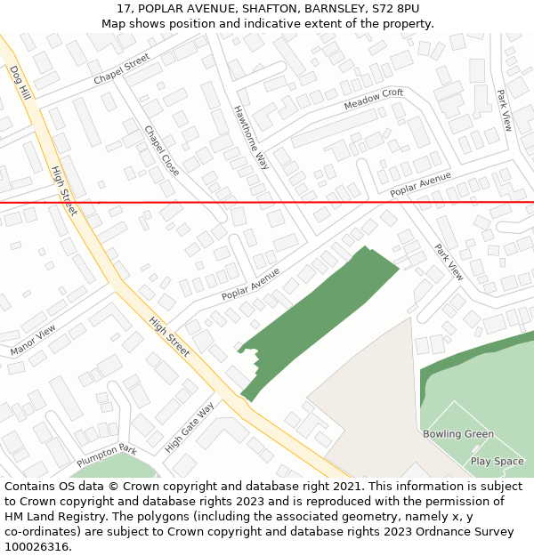 17, POPLAR AVENUE, SHAFTON, BARNSLEY, S72 8PU: Location map and indicative extent of plot
