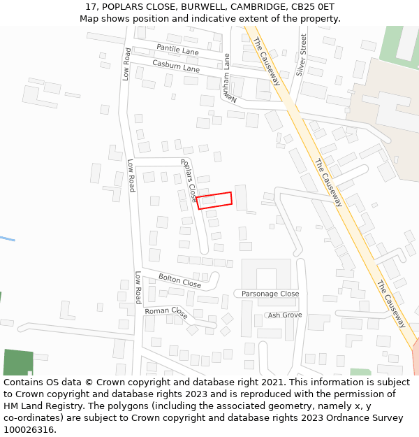 17, POPLARS CLOSE, BURWELL, CAMBRIDGE, CB25 0ET: Location map and indicative extent of plot