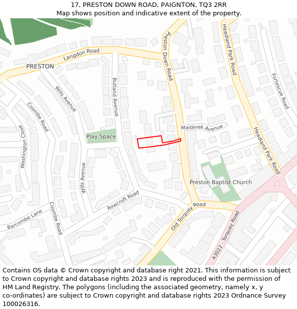 17, PRESTON DOWN ROAD, PAIGNTON, TQ3 2RR: Location map and indicative extent of plot