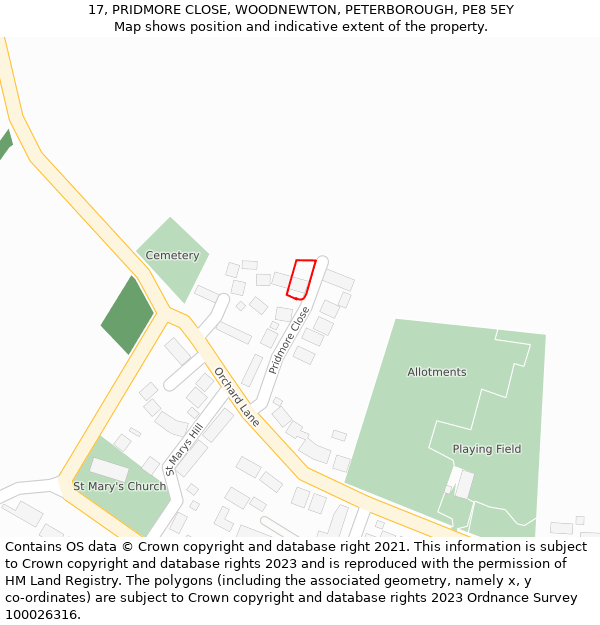 17, PRIDMORE CLOSE, WOODNEWTON, PETERBOROUGH, PE8 5EY: Location map and indicative extent of plot