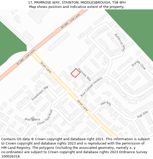 17, PRIMROSE WAY, STAINTON, MIDDLESBROUGH, TS8 9FH: Location map and indicative extent of plot