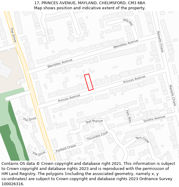 17, PRINCES AVENUE, MAYLAND, CHELMSFORD, CM3 6BA: Location map and indicative extent of plot