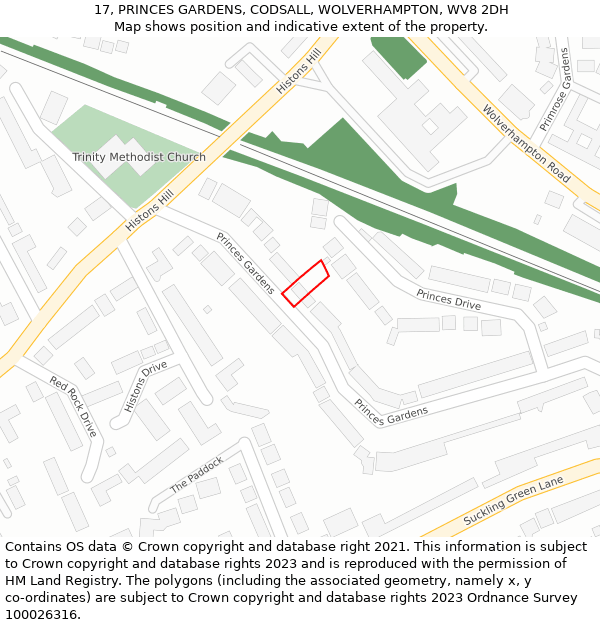 17, PRINCES GARDENS, CODSALL, WOLVERHAMPTON, WV8 2DH: Location map and indicative extent of plot