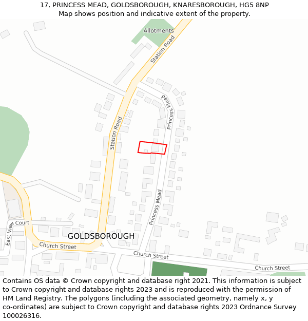 17, PRINCESS MEAD, GOLDSBOROUGH, KNARESBOROUGH, HG5 8NP: Location map and indicative extent of plot