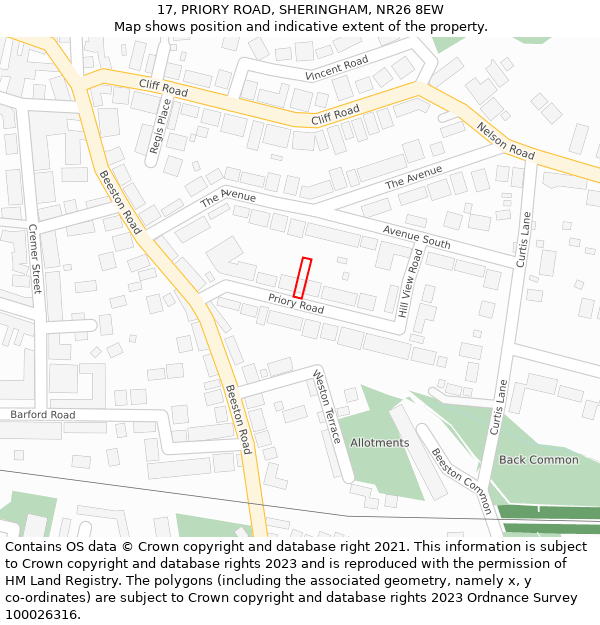 17, PRIORY ROAD, SHERINGHAM, NR26 8EW: Location map and indicative extent of plot