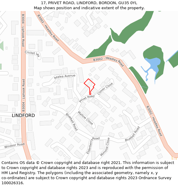 17, PRIVET ROAD, LINDFORD, BORDON, GU35 0YL: Location map and indicative extent of plot