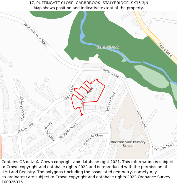 17, PUFFINGATE CLOSE, CARRBROOK, STALYBRIDGE, SK15 3JN: Location map and indicative extent of plot