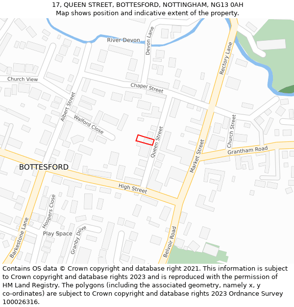 17, QUEEN STREET, BOTTESFORD, NOTTINGHAM, NG13 0AH: Location map and indicative extent of plot