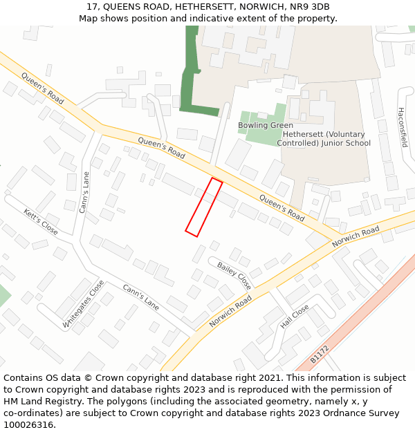 17, QUEENS ROAD, HETHERSETT, NORWICH, NR9 3DB: Location map and indicative extent of plot