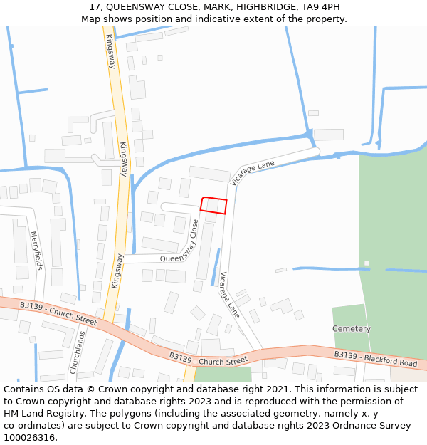 17, QUEENSWAY CLOSE, MARK, HIGHBRIDGE, TA9 4PH: Location map and indicative extent of plot