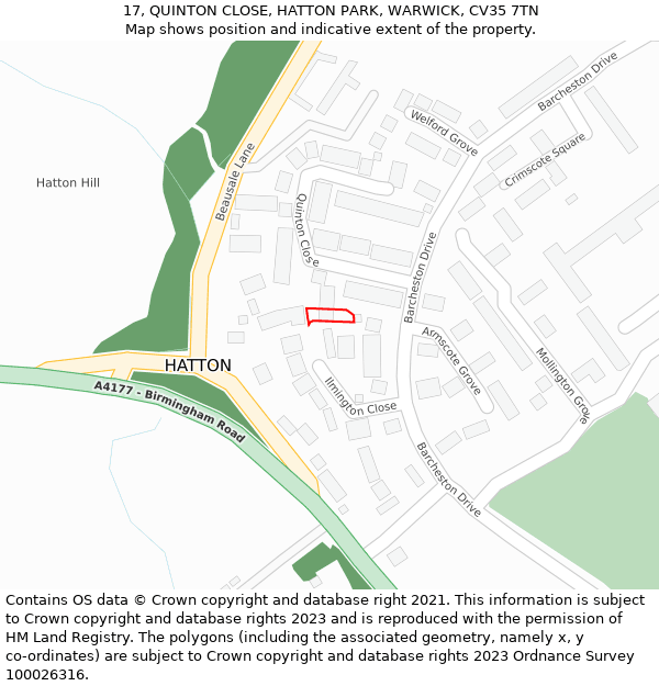 17, QUINTON CLOSE, HATTON PARK, WARWICK, CV35 7TN: Location map and indicative extent of plot