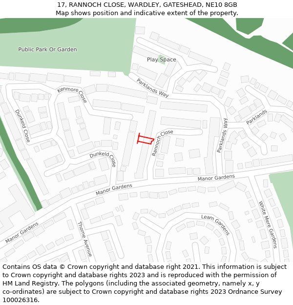 17, RANNOCH CLOSE, WARDLEY, GATESHEAD, NE10 8GB: Location map and indicative extent of plot