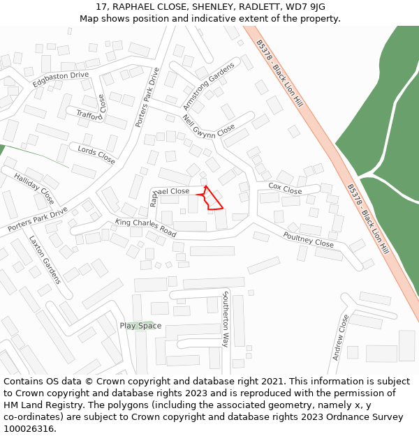 17, RAPHAEL CLOSE, SHENLEY, RADLETT, WD7 9JG: Location map and indicative extent of plot