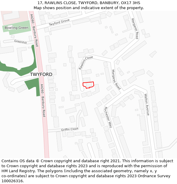 17, RAWLINS CLOSE, TWYFORD, BANBURY, OX17 3HS: Location map and indicative extent of plot