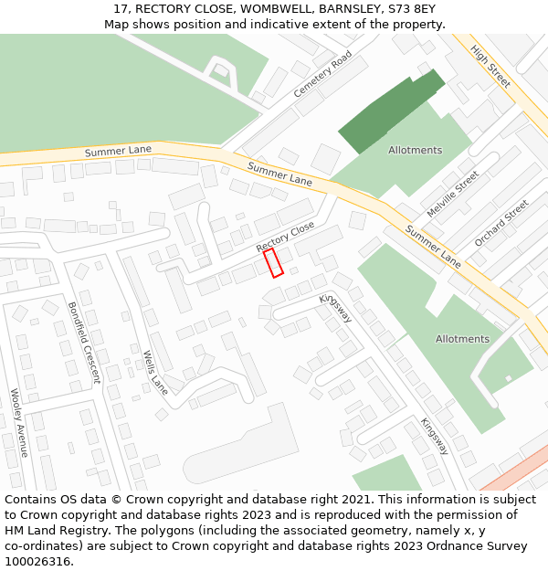 17, RECTORY CLOSE, WOMBWELL, BARNSLEY, S73 8EY: Location map and indicative extent of plot