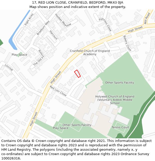 17, RED LION CLOSE, CRANFIELD, BEDFORD, MK43 0JA: Location map and indicative extent of plot