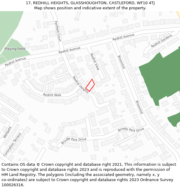 17, REDHILL HEIGHTS, GLASSHOUGHTON, CASTLEFORD, WF10 4TJ: Location map and indicative extent of plot