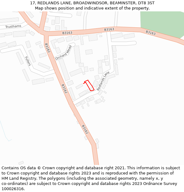 17, REDLANDS LANE, BROADWINDSOR, BEAMINSTER, DT8 3ST: Location map and indicative extent of plot