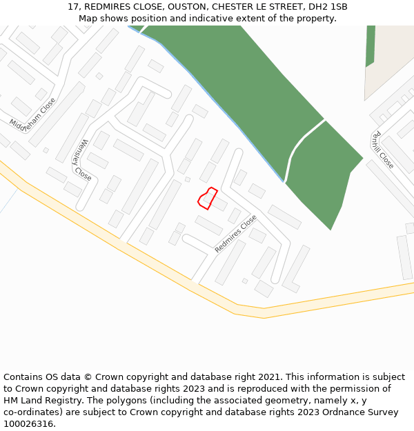 17, REDMIRES CLOSE, OUSTON, CHESTER LE STREET, DH2 1SB: Location map and indicative extent of plot