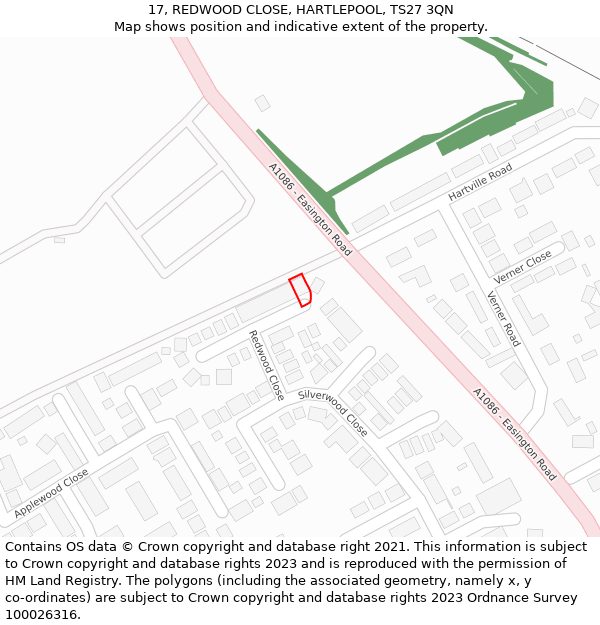 17, REDWOOD CLOSE, HARTLEPOOL, TS27 3QN: Location map and indicative extent of plot