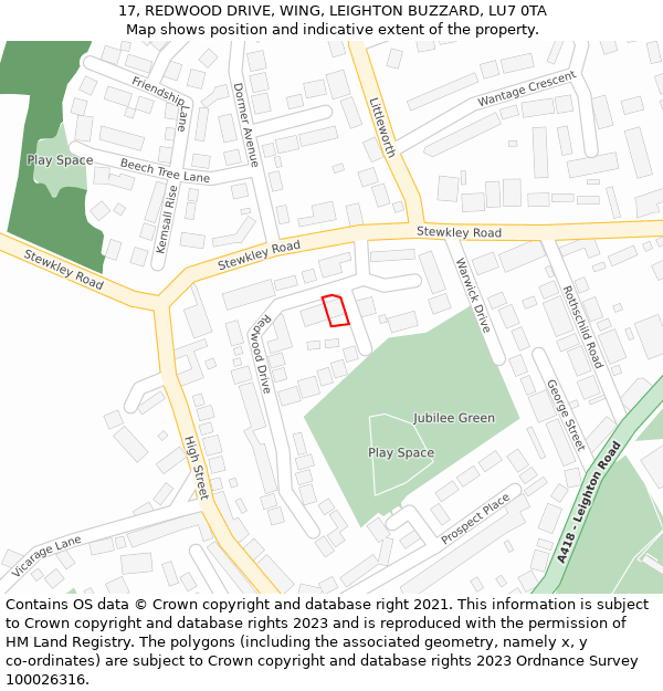 17, REDWOOD DRIVE, WING, LEIGHTON BUZZARD, LU7 0TA: Location map and indicative extent of plot